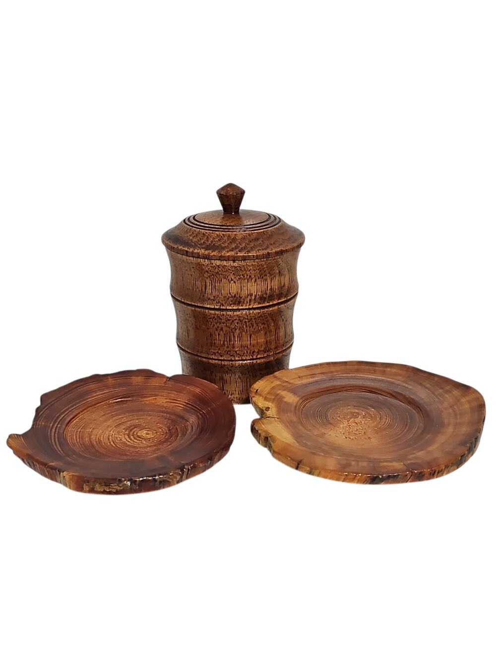 Wood Canister with Lid Wood Slice Coasters Rustic Cabin Storage Lodge